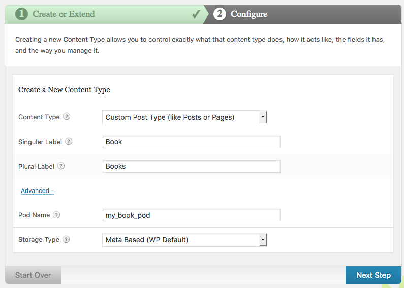 a screenshot of the create a new content type box - custom post type is selected in the dropdown. The taxonomy has the plural label books and the singular label book